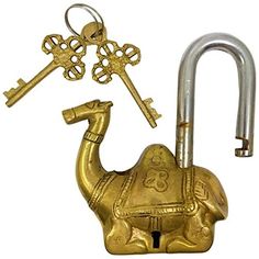 a golden camel key holder with two keys attached to it's back and an open lock on the front