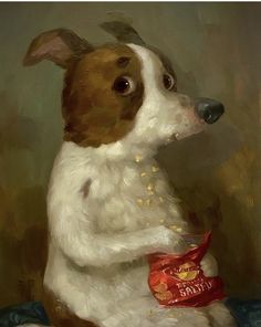 a painting of a brown and white dog with a bag of chips in it's mouth