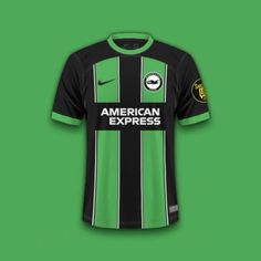 the green and black soccer jersey is displayed on a green background, with an american express logo