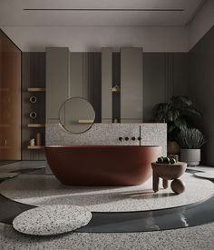 a bathroom with an oval bathtub and round mirrors on the wall, along with circular rugs