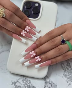 Pink Coquette Valentines Nails, March Wedding, Bow Charm, Pink French, French Acrylic Nails, Nails Square, Long Acrylic Nails Coffin, Nails Only, Unique Acrylic Nails