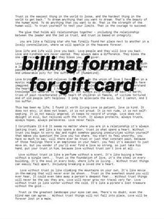 an old book with the title'billing format for gift card'in black and white