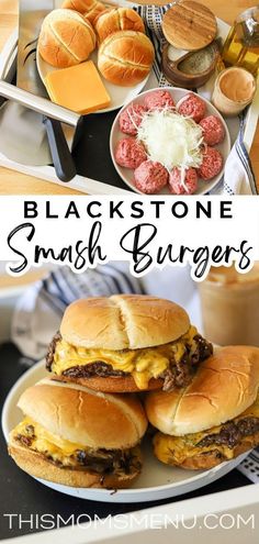 black stone smash burgers with cheese and meat on them are served in white plates