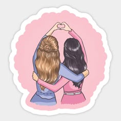 two girls in pink and blue hugging each other with their arms around one another, while the