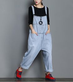 Denim Casual Spring Denim Overall Women Jumpsuits Casual Baggy Overalls, Casual Dark Wash Overalls, Solid Cotton Denim Jumpsuit For Summer, Casual Non-stretch Light Wash Denim Jumpsuit, Blue Baggy Overalls, Summer Cotton Denim Jumpsuit, Casual Denim Blue Jean Overalls, Denim Blue Casual Overalls, Casual Denim Blue Overall Jeans