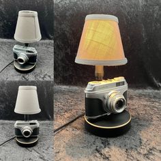 a camera lamp is shown with three different angles to it's body and the light turned on