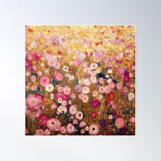 an abstract painting of pink and yellow flowers in a field poster print on canvas or paper