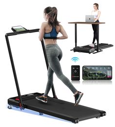 a woman is running on a treadmill with her laptop and cell phone in the background