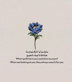 a blue flower sitting on top of a white wall next to a poem written in arabic