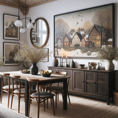 a dining room table surrounded by vases with flowers on them and pictures hanging above it