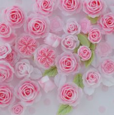 pink roses with green leaves are arranged in a pattern on a white surface, and the petals appear to be wilting