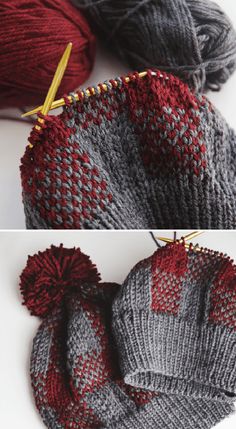 two pictures showing the same hat and mitt, one in grey and red yarn