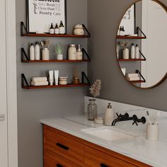 a bathroom sink with shelves above it and a mirror on the wall next to it