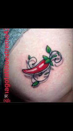 a woman's stomach with a chili on it and the word hot sauce written in cursive writing