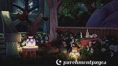 an animated image of a garden with flowers and plants in the background that are lit up at night