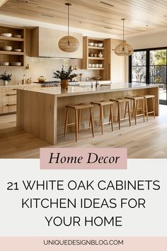 a kitchen with white oak cabinets and an island in the middle, surrounded by bar stools