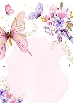 a watercolor painting with butterflies and flowers on the bottom right corner is an empty pink paper