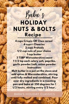 an advertisement for baby's holiday nuts and bolts recipe with the text below it