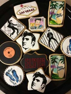 decorated cookies with elvis presley on them are arranged in the shape of a record player