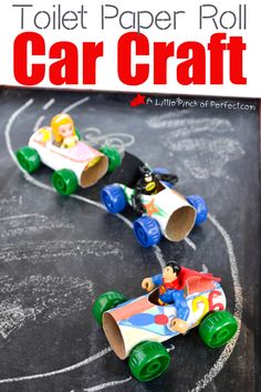 two toy cars sitting on top of a blackboard with the title toilet paper roll car craft