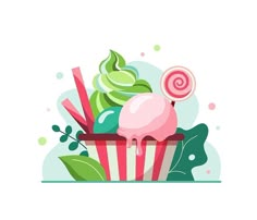 an ice cream and lollipop are in a striped cup with leaves on the side