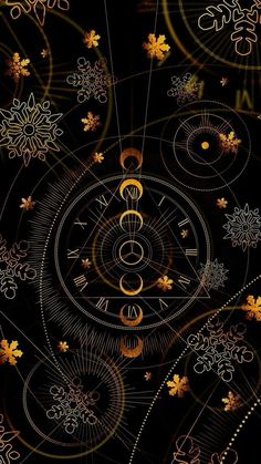 an abstract background with gold and black flowers, circles and lines on a black background