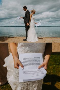 the bride and groom are holding their papers