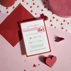 a valentine's day party with red envelopes, hearts and confetti