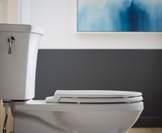 a white toilet sitting in a bathroom next to a painting