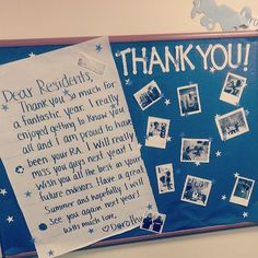 a thank note written on a bulletin board with pictures and letters attached to the wall