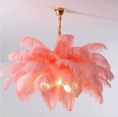 a chandelier with pink feathers hanging from it's center point and two lights on each side