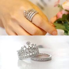 two wedding rings and one engagement ring are shown in three different pictures, with the bride's hands holding flowers