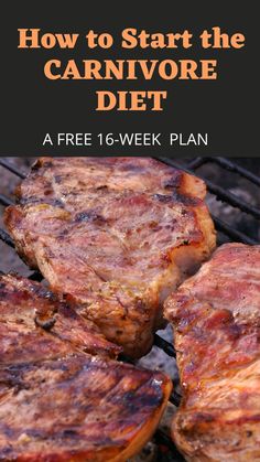 Text: "How to Start the Carnivore Diet - A free 16 week plan" and a image of three pieces of steak being cooked on a grill Lion Diet, Caveman Diet Recipes, Persian Recipes, Caveman Diet, Meat Diet, Paneer Tikka, Carnivore Diet, Keto Foods, Diets For Beginners