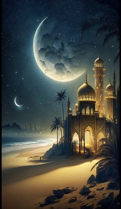 a painting of a mosque on the beach at night