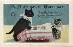 a birthday card with two cats sitting at a table and one cat standing on the table