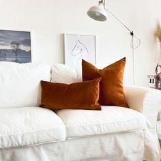 a white couch with two brown pillows on it's back and a lamp above