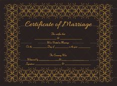 certificate of marriage with golden ornament pattern on black and gold background, in the style of art deco