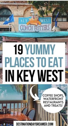 Wooden dining table at restaurant on the beach with words overtop '19 yummy places to eat in Key West' Key West Food, Key West Restaurants, Miami Key West, Florida Travel Guide