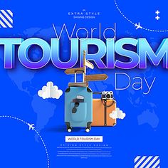 an advertisement for the world tourism day with suitcases and luggage on blue background illustration