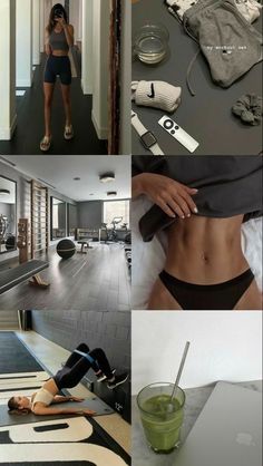 a collage of photos showing various activities in the gym and on the treadmill