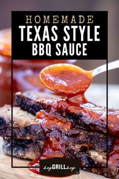 homemade texas style bbq sauce is being spooned over the top of some ribs