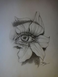 a pencil drawing of an eye and flower