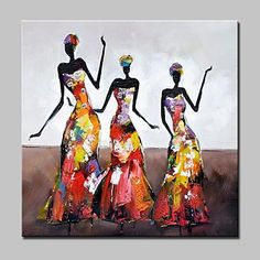 three women in colorful dresses are standing together