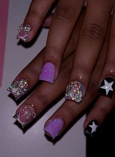 not mine ♡. Cute Acrylic Nails Winter, Short Junk Nail, 2000s Nails Short, Short Acrylic Nails With Design, Short Acrylic Nails Y2k, Short Nails Ideas Purple, Exotic Nails Short, Glittery Nail Ideas, Purple Short Nails