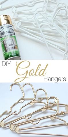 gold hangers with spray paint on them and the words diy gold hangers