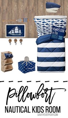 a collage of nautical themed items and the words pillowot, nautical kids room