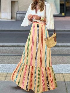 Yellow Boho Collar  Woven Fabric Geometric,Striped,Tribal,All Over Print A Line Embellished Non-Stretch  Women Clothing Women Skirts, Hem Skirt, Long Dresses, High Low Hem, Herringbone, Women Clothing, High & Low, Woven Fabric, High Low