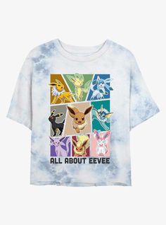 a tie dye t - shirt with pokemon pictures on the front and back, all about eevee