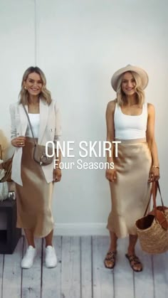 Sneza Jovanovic-Styling Reels Fashion Blogger’s Instagram profile post: “One Skirt for Four Seasons! 🤎 With its beautiful metallic shine, this gorgeous satin skirt can be a key piece in creating an elevated…” Tan Skirt Outfit Spring, Spring Silk Skirt Outfit, Beige Satin Skirt Outfit Summer, Tan Slip Skirt Outfit, Silk Skirt Beach Outfit, Button Front Midi Skirt Outfit, Gold Satin Midi Skirt Outfit, Beige Slip Skirt Outfit, How To Style A Satin Skirt In Summer