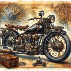 a drawing of a motorcycle with luggage on the ground and clocks in the backgroud